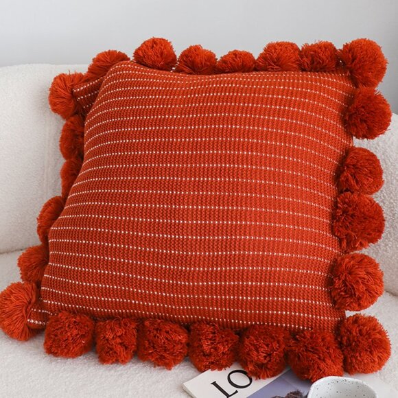 SOGA 2X 45cm Rust Red Ribbed Pillow Cover with Pom Poms